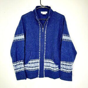 Robert Scott Vintage 100% Wool Fair Isle Zip Up Cardigan Navy Blue Cream Size M‎